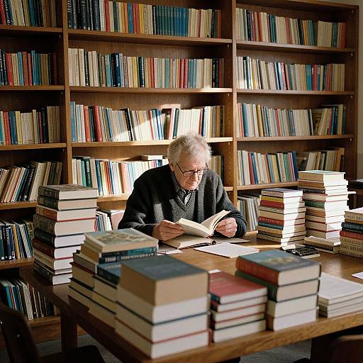 Elderly Man Reading in Sunlit Library