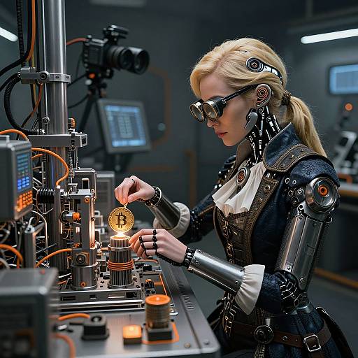 Cyborg woman with blonde hair and goggles, wearing a steampunk-inspired outfit, examines a Bitcoin coin in a high-tech laboratory.