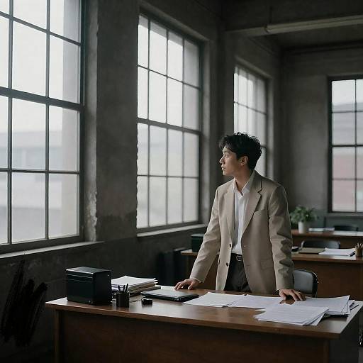 Man in Beige Suit at Cluttered Desk