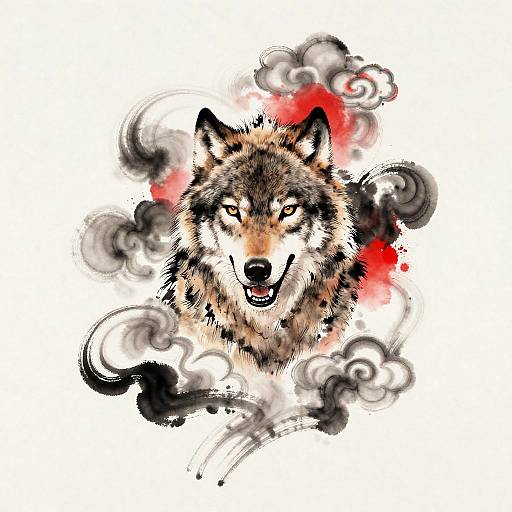Chinese Wolf Tattoo Style Ink Wash Art