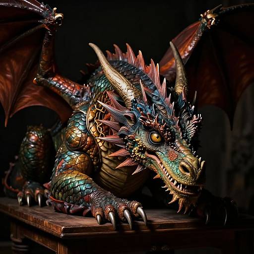 Photorealistic CGI dragon with iridescent scales, glowing eyes, sharp claws, and vibrant, multi-colored spikes, crouching menacingly on