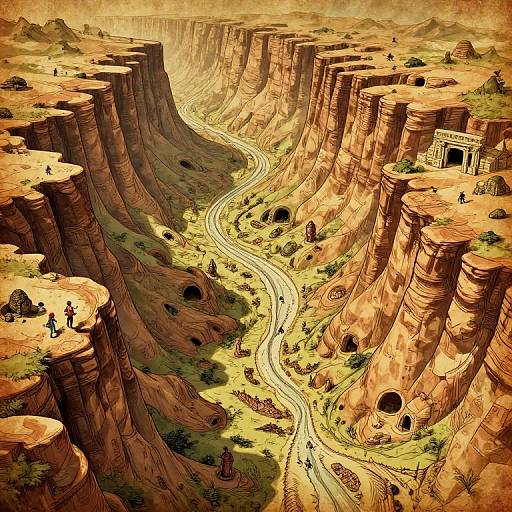 Digital artwork of a vast, canyon-like desert landscape with towering, reddish-brown cliffs, winding river, small figures, ancient ruins, and sunlight