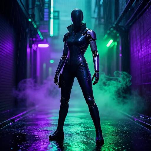 Cyberpunk-style digital art: Silhouetted, armored female figure with glowing neon lights, standing in a rain-soaked, futuristic alley with