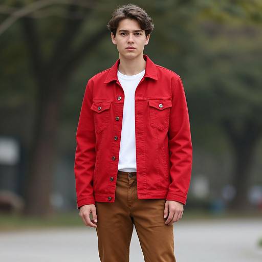 Photograph of a young man with medium skin tone, dark hair, wearing a bright red jacket over a white shirt, and brown pants, standing outdoors