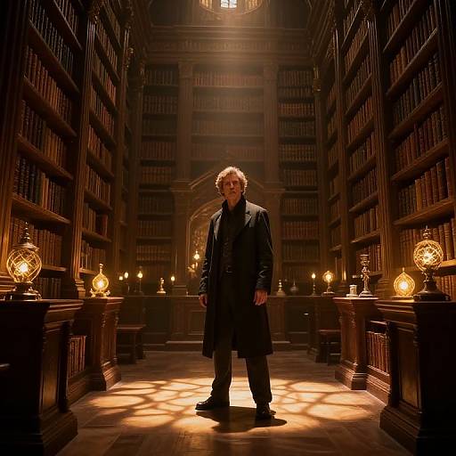 Photograph of a man in a long black coat standing in a dimly lit, expansive library with tall wooden bookshelves, lit by glowing,