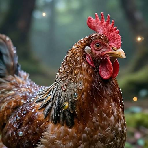 Photograph of a brown rooster with red comb and wattles, covered in water droplets, set against a blurred forest background.