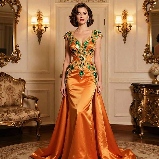 Elegant Woman in Orange Satin Gown