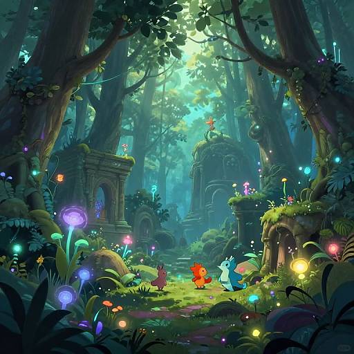 Whimsical forest scene: colorful glowing mushrooms, fairy-like creatures, ancient moss-covered ruins, and vibrant light filtering through towering trees. Digital art.