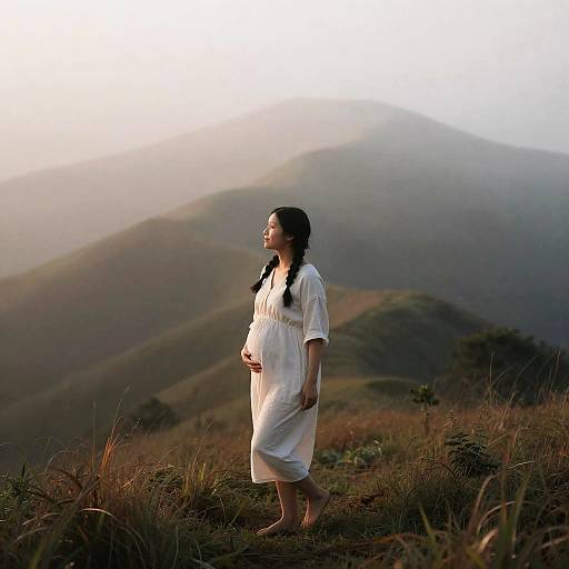 Pregnant Woman Standing on Misty Mountain Ridge