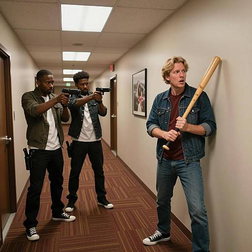 Tense Standoff in a Colorful Hallway