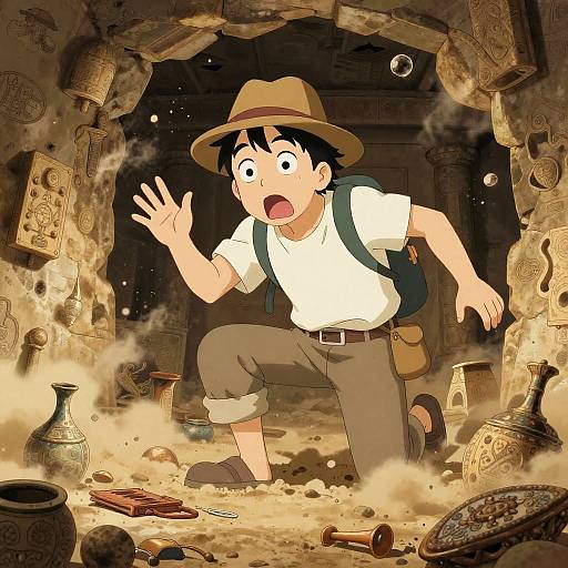 Anime-style illustration: Wide-eyed boy in white shirt, brown pants, and hat, startled, kneels amid dusty, ancient artifacts and broken pottery in