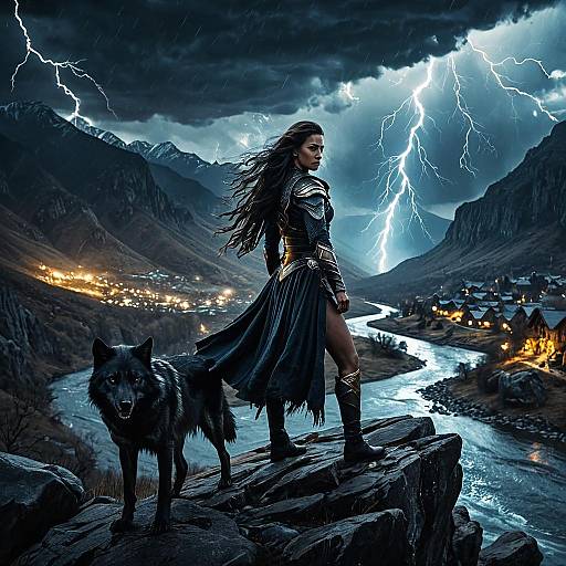 Warrior Woman with Black Wolf on Stormy Cliff