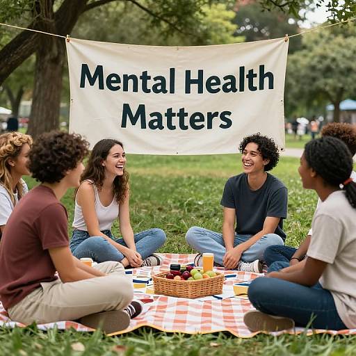 Photograph of diverse young adults sitting on a red-and-white checkered blanket in a park, laughing, with a 