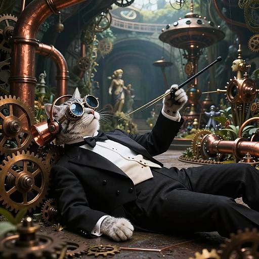 Steampunk illustration: Anthropomorphic white cat in black tuxedo and goggles, holding a pointer, reclining among copper pipes and gears in a