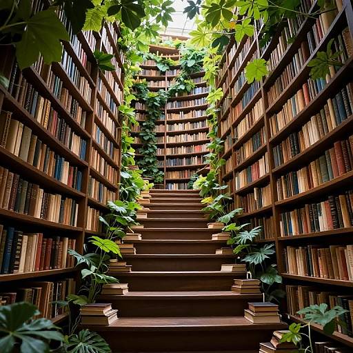 Photograph of a narrow, sunlit library staircase between towering bookshelves, adorned with lush green vines and leaves.