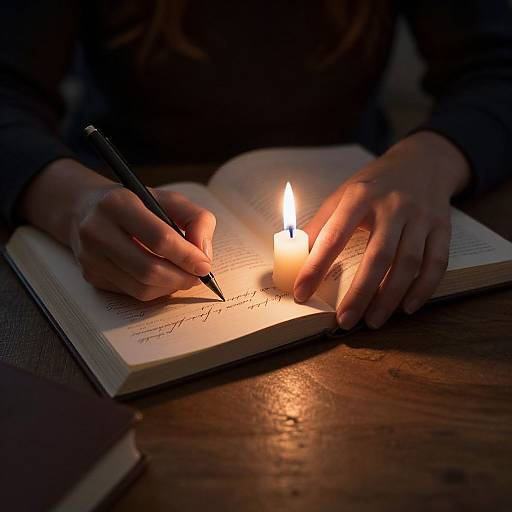 Photograph of hands writing in an open book illuminated by a small candle on a wooden table, casting warm light.