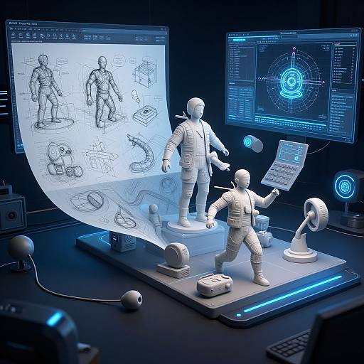 Digital illustration of white, humanoid robot figures interacting with futuristic blue-lit holographic designs and screens, surrounded by high-tech gadgets.