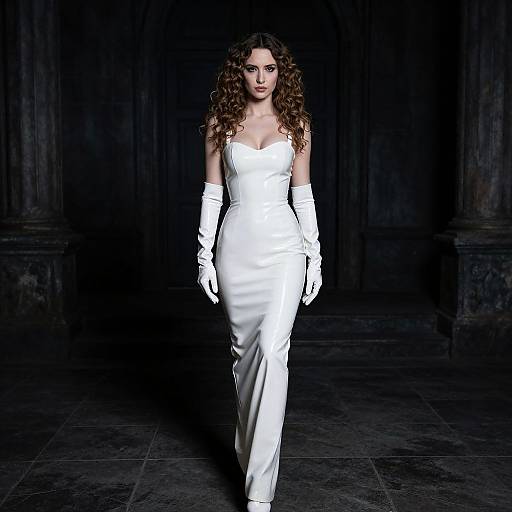 Photograph of a curly-haired woman in a sleek, white, strapless gown and white gloves, walking down a dark, dimly lit, Gothic