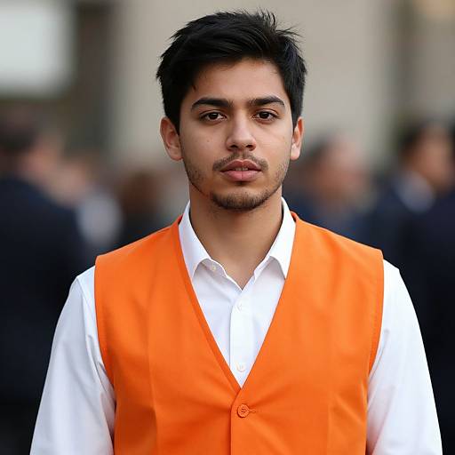 Photograph of a young South Asian man with short black hair and trimmed beard, wearing an orange vest over a white shirt, standing in a blurred,