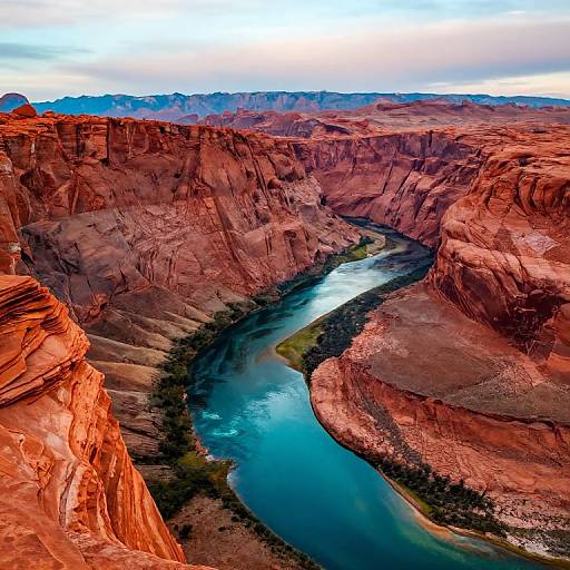 Photograph of a winding blue river cutting through towering, red-rock canyon cliffs under a partly cloudy sky in a desert landscape.