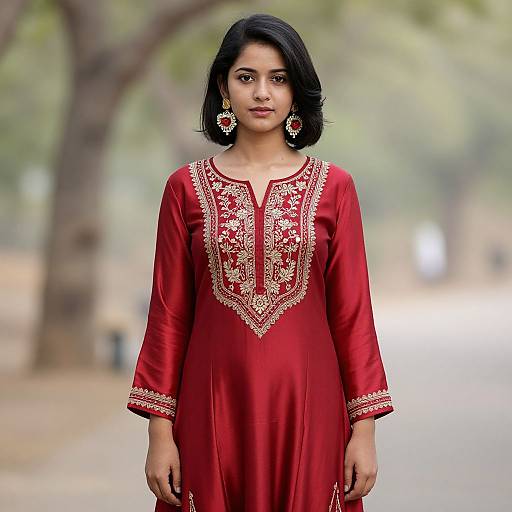 Photograph of a young South Asian woman with short black hair, wearing a red traditional salwar kameez with intricate gold embroidery, standing outdoors with