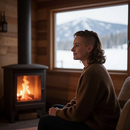 Photograph of a woman with a shaved left side, brown wavy hair, brown sweater, sitting by a glowing wood-burning stove in a wooden