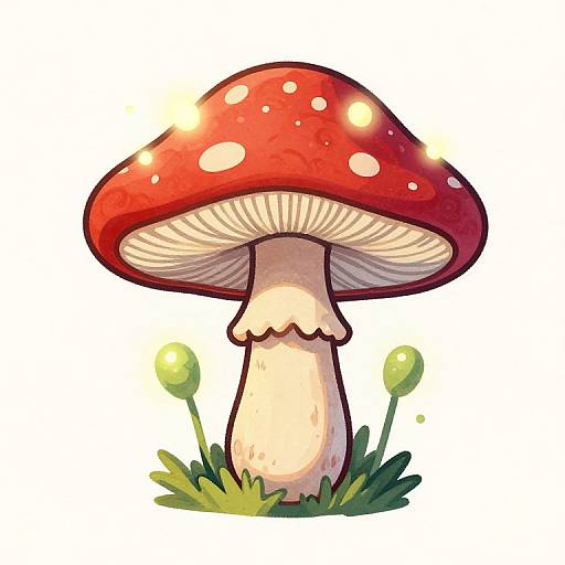 Colorful digital drawing of a red-spotted, white-gilled mushroom with two green buds, standing on grass, glowing with light spots.