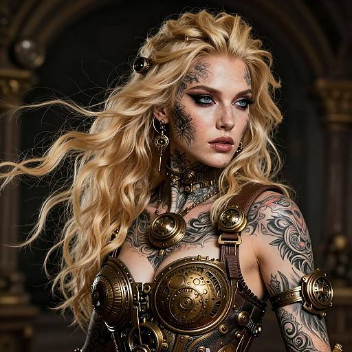 Digital artwork of a blonde, tattooed woman with wavy hair, wearing steampunk armor and intricate tattoos, set against a dark, arched