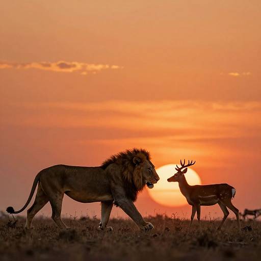 Photograph of a majestic lion and a deer silhouetted against a vibrant orange sunset, standing in a dry grassy plain.