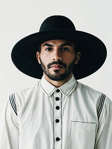 Photograph of a bearded man with medium brown skin, wearing a black wide-brim hat and white button-down shirt with black stripes, against a