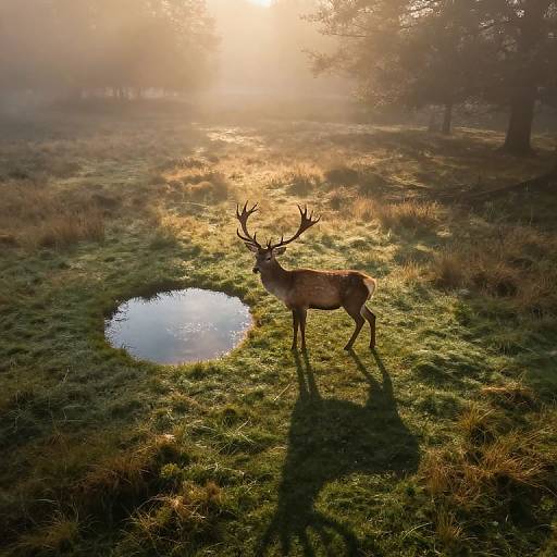 Photograph of a lone deer with prominent antlers standing in a misty, sunlit meadow near a small pond, casting a long shadow on