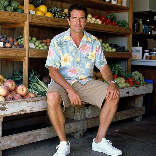 Photograph of a middle-aged man with short dark hair, wearing a floral shirt, beige shorts, and white sneakers, seated in a rustic grocery store