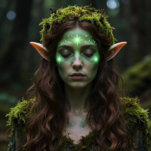 Photograph of a green-faced, elf-like woman with pointed ears, long wavy brown hair, moss-covered head, glowing star-shaped face markings,