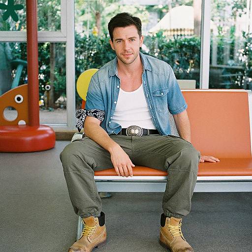 Photograph of a casually dressed man with short dark hair, blue denim shirt, white tank top, green pants, and tan boots, sitting on an