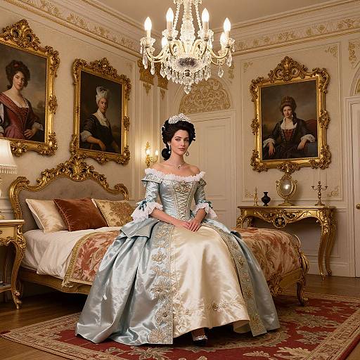 Photograph of a regal woman in an opulent, gold-adorned bedroom, wearing a light blue satin and gold-embroidered off