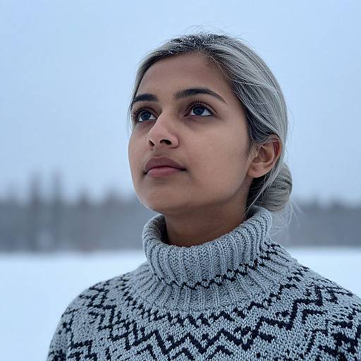 Photograph of a young woman with light brown skin and gray hair, wearing a black-and-white patterned turtleneck sweater, looking upward in a
