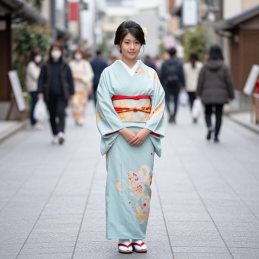 Photograph of an Asian woman in a light blue floral kimono with red obi, standing in a bustling urban street, people blurred in background,