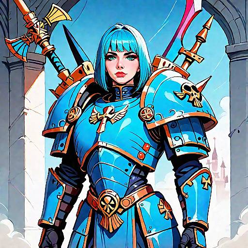 Female Warhammer 40K Warrior in Blue Armor