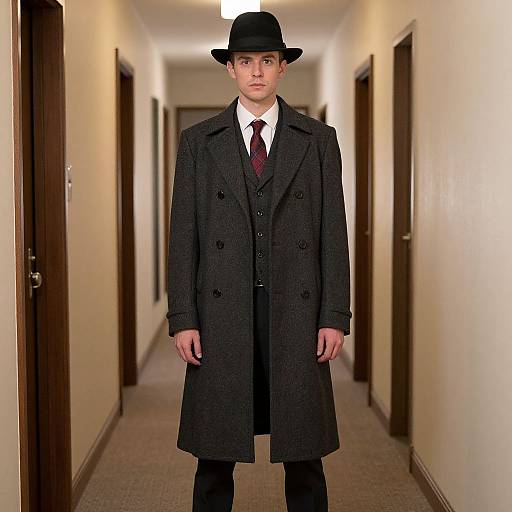 Photograph of a young man in a dark overcoat, white shirt, red tie, black hat, standing in a long, narrow, beige hallway
