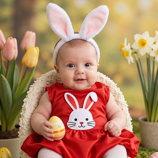 Photograph of a smiling baby in a red bunny dress with white bunny ears, holding an Easter egg, surrounded by tulips.