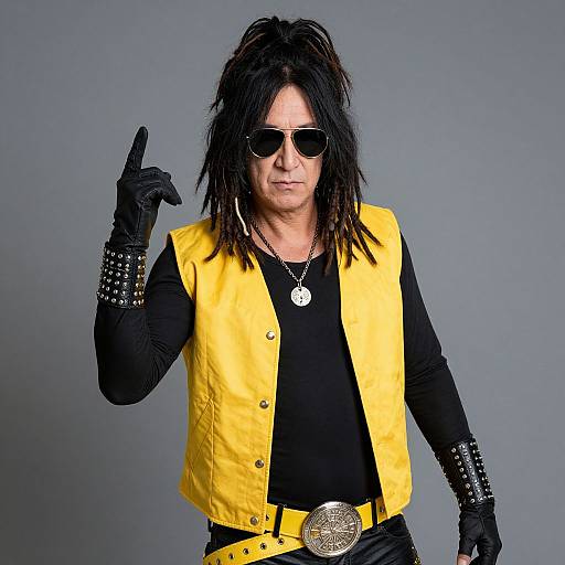 Photograph of middle-aged man with black hair, sunglasses, yellow vest, black shirt, spiked gloves, and belt, giving a rock gesture.