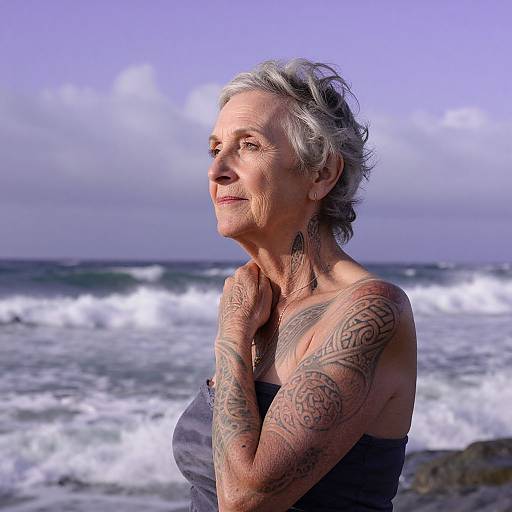 Photograph of a gray-haired, tattooed elderly woman with a serene expression, standing by a turbulent ocean under a cloudy sky. She wears a strap