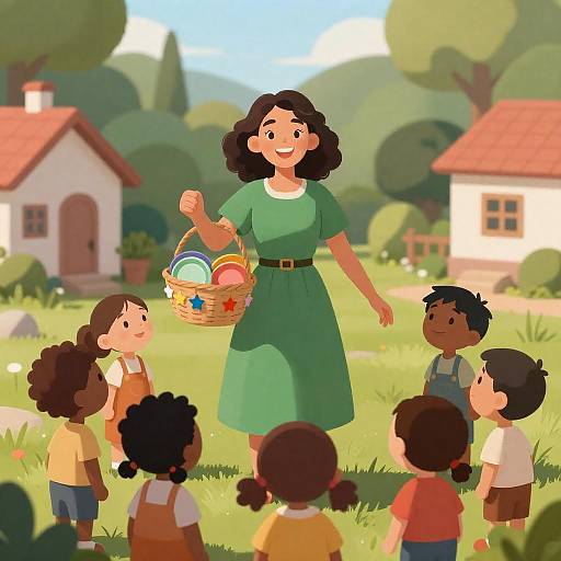 Smiling Woman with Children in Garden