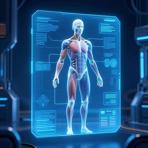 Digital CGI of a glowing blue holographic human figure with anatomical details, standing in a futuristic, dark-tech lab.