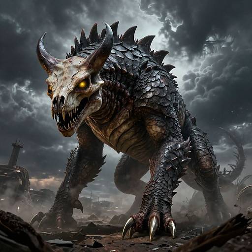 Digital artwork of a menacing, horned, skeletal dragon with glowing yellow eyes, spiked black scales, and sharp claws, standing in a dark, storm