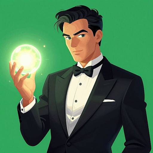 Digital anime-style drawing of a handsome man with dark hair, wearing a black tuxedo and bowtie, holding a glowing orb against a green background