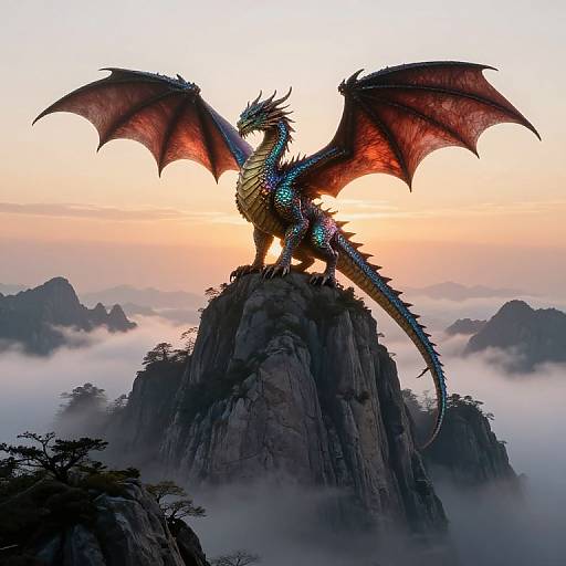 Photorealistic digital art: majestic blue and red dragon with large wings, standing on a rocky peak at sunrise, surrounded by misty mountains.
