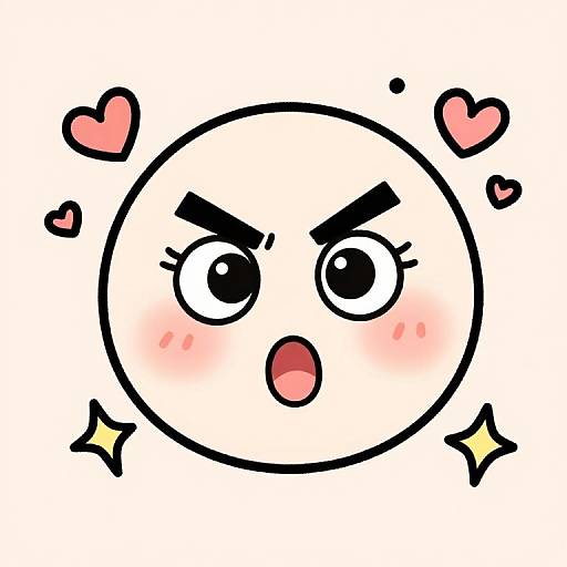 Cartoon white circular face with black eyebrows, large eyes, blushing cheeks, open mouth, surrounded by pink hearts and yellow stars.