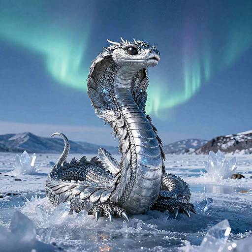 Digital artwork of a silver, scaly dragon with a cobra-like hood, sitting on an icy Arctic landscape under vivid green Northern Lights.