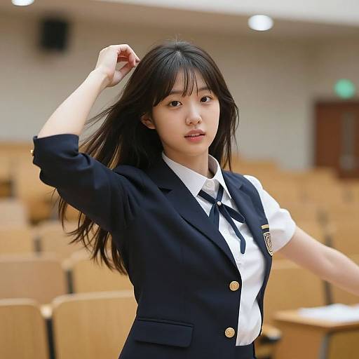 Photograph of an Asian woman with straight black hair, wearing a navy school uniform with white shirt, standing in a classroom, adjusting her hair with one